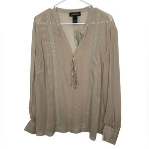 Lane Bryant tan beige sheer blouse with tie front and sparkles on collar